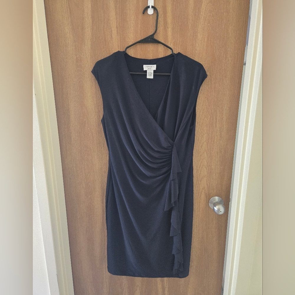 Carmen Marc Valvo Navy Draped Midi Dress